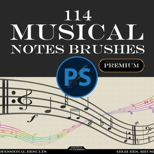 114 NOTAS MUSICALES, pinceles para Photoshop. Sin costuras, hacer partituras, imágenes prediseñadas, diseños de tatuajes, gráficos web, pintura digital, arte abstracto