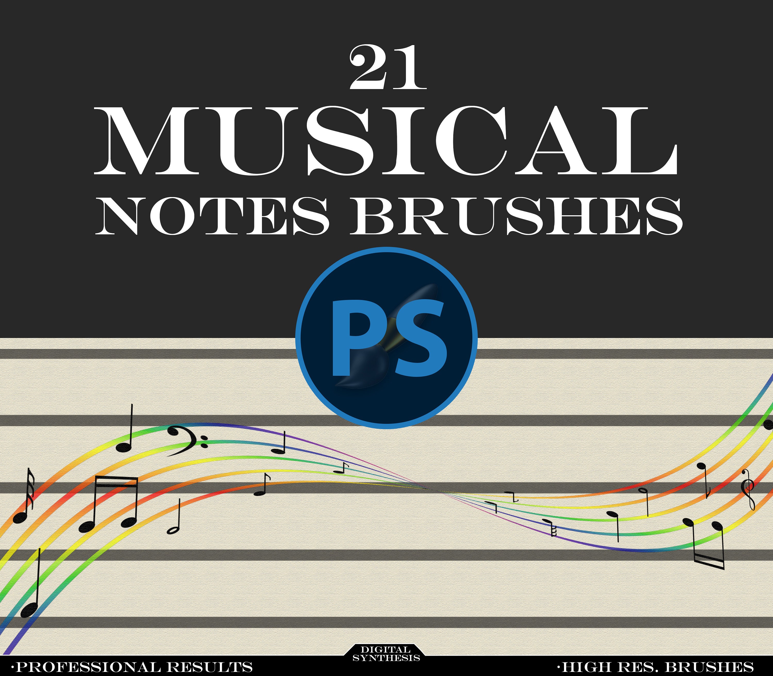 21 MUSICAL NOTES, brushes for Photoshop. Seamless, make music sheets, clipart, tattoo designs, web graphics, digital painting, abstract art