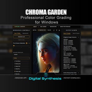 Pode incluir: A interface do software Chroma Garden para Windows exibe ferramentas profissionais de gradação de cores, controles de espaço de trabalho e painéis de análise de dados. Um retrato central mostra uma pessoa com iluminação quente.