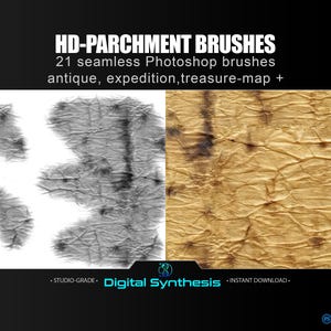 Könnte beinhalten: Bild mit HD-PARCHMENT BRUSHES, 21 nahtlosen Photoshop-Pinseln. Das Bild ist geteilt, mit Graustufen-Pergamenttexturen auf der einen Seite und gealtertem Pergamentpapier auf der anderen. Der Text enthält "antique, expedition, treasure-map +."
