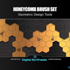 Honeycomb Brush Set with Solid, Wireframe and Scatter Hexagon Brushes, Bee Stamps and Golden Gradient for Photoshop, Procreate & More