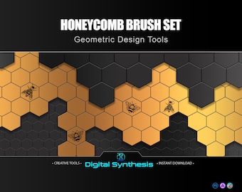 Honeycomb Brush Set with Solid, Wireframe and Scatter Hexagon Brushes, Bee Stamps and Golden Gradient for Photoshop, Procreate & More