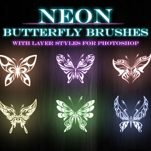 14 NEON BUTTERFLY BRUSHES, for Photoshop with layer styles, seamless glowing brushes to edit photos, photoshop light brushes, glow brushes