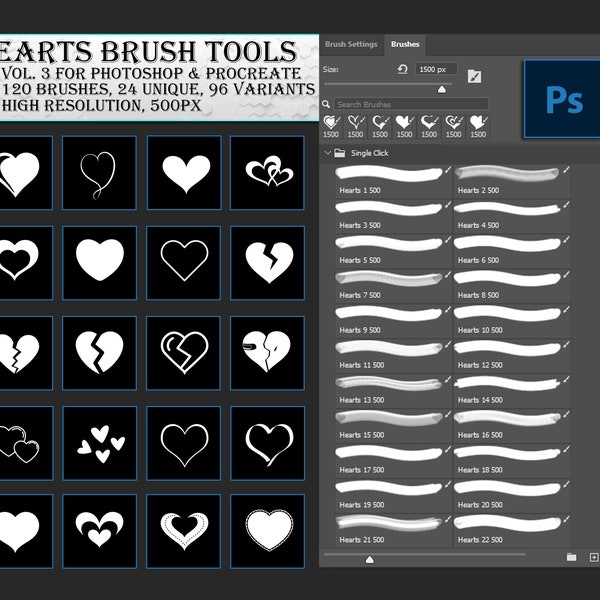 120 HEARTS BRUSH TOOLS for Photoshop, Volume 3 - design tools, presets, create overlays, mock up art, both commercial or personal use