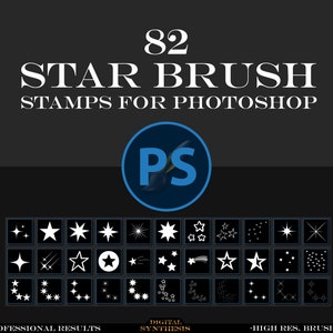 May include: A dark gray graphic with the text "82 STAR BRUSH STAMPS FOR PHOTOSHOP". Below are 24 small black squares, each with a white star design. A blue circle with "PS" and a paintbrush is in the center.