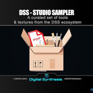 Puede incluir: Ilustración digital de una caja de cartón abierta con la etiqueta "DSS-STUDIO SAMPLER". En el interior hay herramientas, pinceles y un documento PDF. El texto dice "A curated set of tools & textures from the DSS ecosystem."