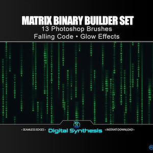 Pinceaux binaires matriciels pour Photoshop : 13 pinceaux haute résolution transparents et code Falling, ensemble Digital Builder pour un effet binaire de style matriciel