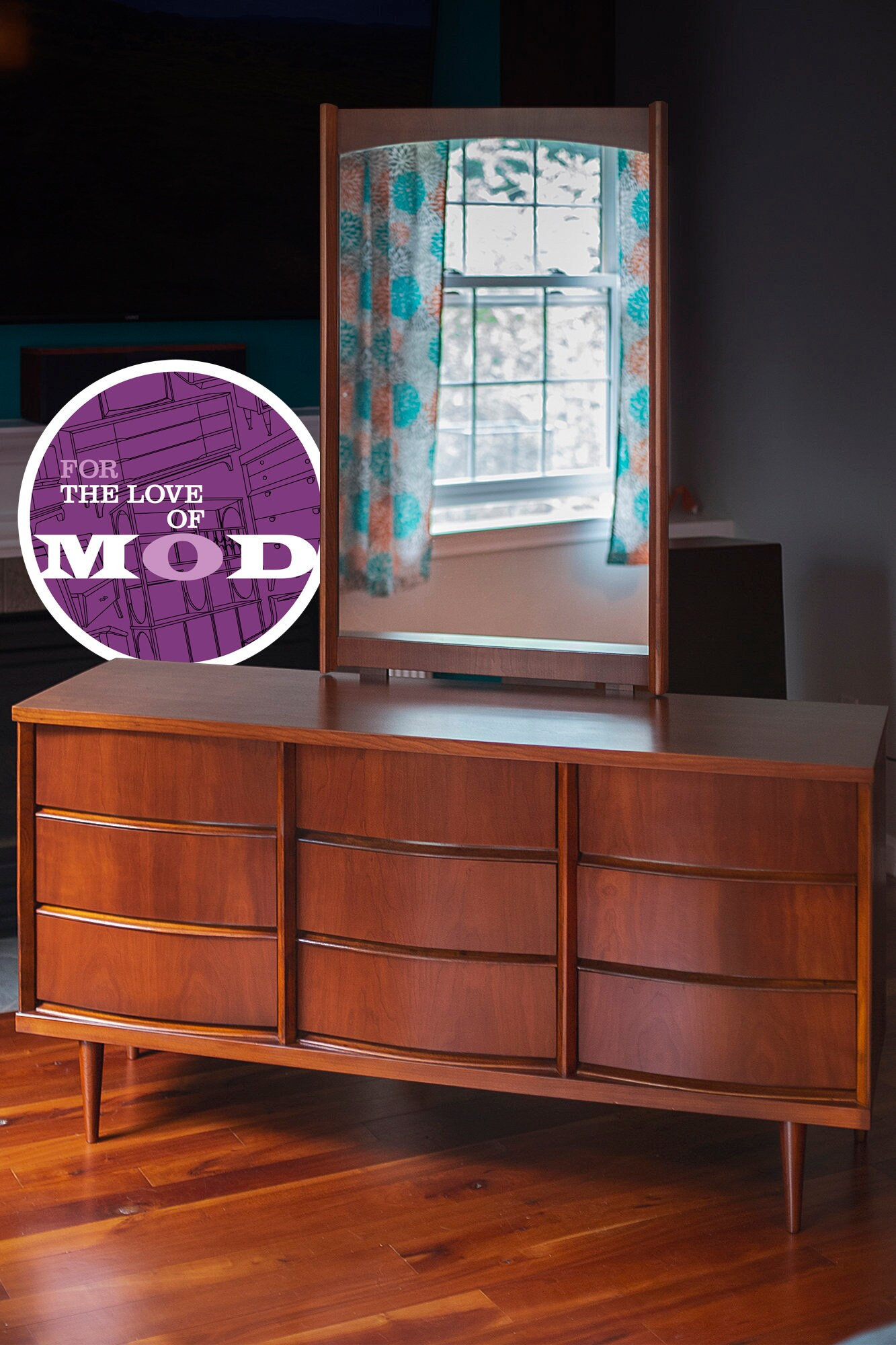 mid century modern dresser with mirror Three-Drawer Low w/ Original by Stan The tapered legs are accented with gold capped tips vintage mid century blonde lowboy
