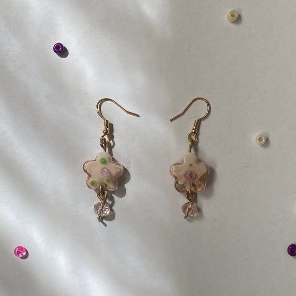 Coquette glasswork flower earrings with crystal drop | Pink floral beaded gold dangle earrings | Hand made pink crystal earrings