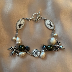 spider charm bracelet dark coquette jewelry dark academia charm bracelet angel jewelry black bracelet pearls