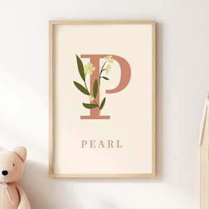 Nome personalizado para impressão de letras botânicas, pôster personalizado com nome neutro para bebês, arte de letras botânicas, arte de nomes florais, arte infantil personalizada