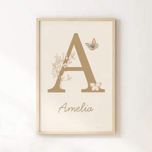 Letrero con nombre de flores silvestres para guardería, arte artístico bohemio para guardería, impresión personalizada con nombre de niña para guardería, arte de pared con nombre floral para guardería, nombre de mariposa para niños