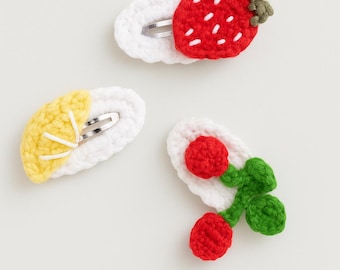 Crochet Fruit Hair Clips Set, Cherry, Lemon, Strawberry