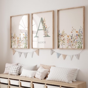 Floral name print, personalised baby name print nursery wall art set of 3, floral poster, Boho nursery decor baby room kids name, baby gift