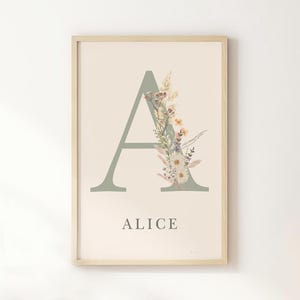 Letrero con nombre para guardería de flores silvestres, arte de pared bohemio para guardería, impresiones personalizadas de flores silvestres para guardería, arte de pared con nombre floral para guardería, nombre de bebé de flores silvestres