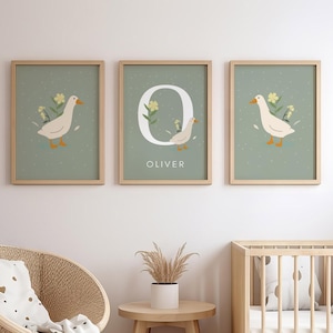 Juego de 3 impresiones de pared con nombre de ganso para guardería, arte de pared de ganso personalizado con nombre, decoración vintage para guardería, letrero con nombre para habitación de bebé, impresión con inicial de bebé