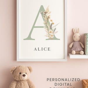Impressão de nome floral, conjunto de arte de parede de berçário com impressão de nome de bebê personalizado, pôster floral, decoração de berçário boho, quarto de bebê, nome de criança, presente de bebê