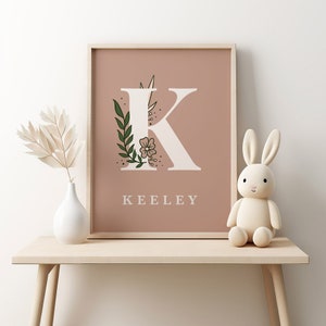 Nombre de bebé floral imprimible personalizado, impresión de pared bohemia con nombre botánico, inicial de flor para niña, impresiones de iniciales florales, letrero con nombre para guardería