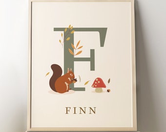 Personalized Woodland Nursery Print, Forest Animal Kids Room Decor