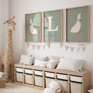 Set di 3 stampe da parete con nome per cameretta dell'oca, decorazione da parete personalizzata con nome per cameretta dei bambini, targhetta con nome per cameretta dei bambini, stampa iniziale per bambino