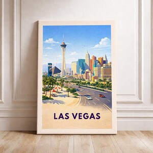 Poster di viaggio di Las Vegas, Nevada, stampa artistica Stratosphere, decorazione murale moderna con paesaggio urbano, illustrazione a strisce, regalo per amanti del deserto e della voglia di viaggiare.