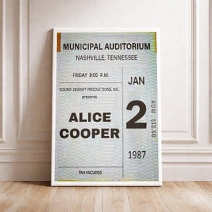 Alice Cooper Municipal Auditorium Nashville 1987 Entrada de concierto vintage Impresión artística Póster de música retro Decoración de pared de rock Recuerdo de concierto de heavy metal