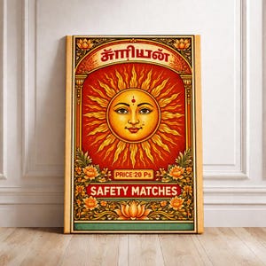 Puede incluir: Impresión rectangular en lienzo que representa un sol estilizado con una cara sonriente en el centro. El sol está rodeado de rayos amarillos radiantes sobre un fondo rojo. La impresión incluye texto en idioma extranjero y las palabras "SAFETY MATCHES".