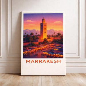 Marrakech Marocco Poster di viaggio Moschea Koutoubia Stampa artistica Paesaggio urbano moderno Decorazione murale Illustrazione del tramonto di Jemaa el-Fnaa Regalo per amanti dei viaggi