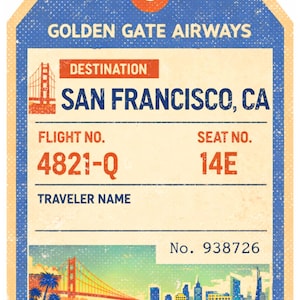 Könnte beinhalten: Vintage-Stil Gepäckanhänger für Golden Gate Airways, Ziel San Francisco, CA. Verfügt über ein stilisiertes Bild der Golden Gate Bridge und der Skyline der Stadt. Enthält Flug- und Sitznummern sowie einen Abschnitt für den Reisendenamen. Der Anhänger ist in Blau-, Beige- und Orangetönen gehalten.