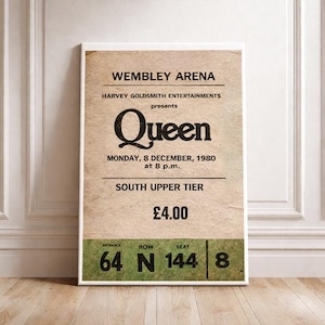 Queen Wembley Arena 1980 Vintage Concert Ticket Art Print Retro Music Poster Classic Rock Wall Decor Freddie Mercury Gig Souvenir Gift