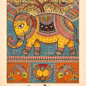 May include: A vibrant, detailed illustration of an elephant with intricate patterns, set against a blue and orange backdrop. The word "India" is at the bottom. The artwork features birds, a tree, and fish, showcasing a rich cultural theme.