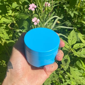 Large 2.5 Inch Stylish Herb Grinder, 4 Piece, Glows in the Dark, Tobacco Grinder, Herb & Spice Grinder, Mini Scraper Tool Blue