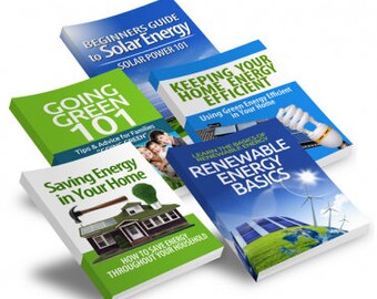 May include: Five green and white books with titles related to saving energy and going green. The titles include "Beginners Guide to Solar Energy", "Going Green 101", "Saving Energy in Your Home", "Keeping Your Home Energy Efficient", and "Renewable Energy Basics".