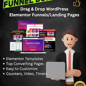 Op de afbeelding: Een zwart-witte illustratie van een cartoonfiguur dat een laptop vasthoudt. De tekst op de afbeelding luidt "WP FUNNEL BUILDER Drag & Drop WordPress Elementor Funnels/Landing Pages". De afbeelding bevat ook een lijst met functies: Elementor-sjablonen, Top Converting Pages, Eenvoudig aan te passen, Tellers, Video, Timers.