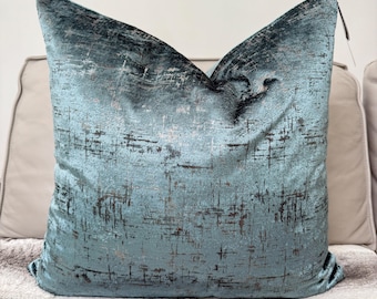 Soho Studio 23x23 Blau Teal Silber Grau Metallic Folie Muster Strukturierter Samt Luxus Quadrat Dekoratives Dekor Kissen mit Feder Einsatz