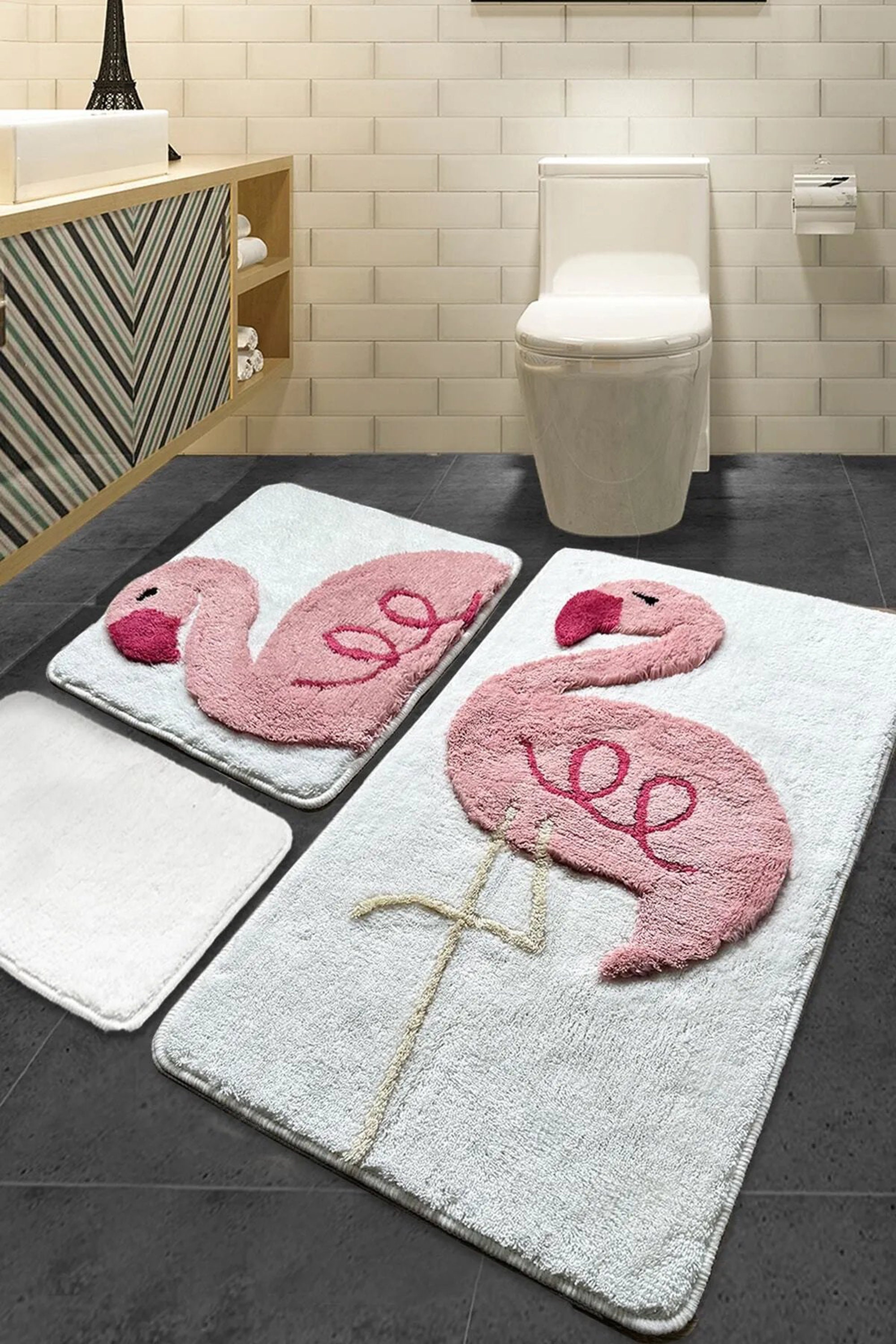 Fluffy Flamingo Bath Rug Set, Flamingo Decor, Round Rug, Bedroom Rug