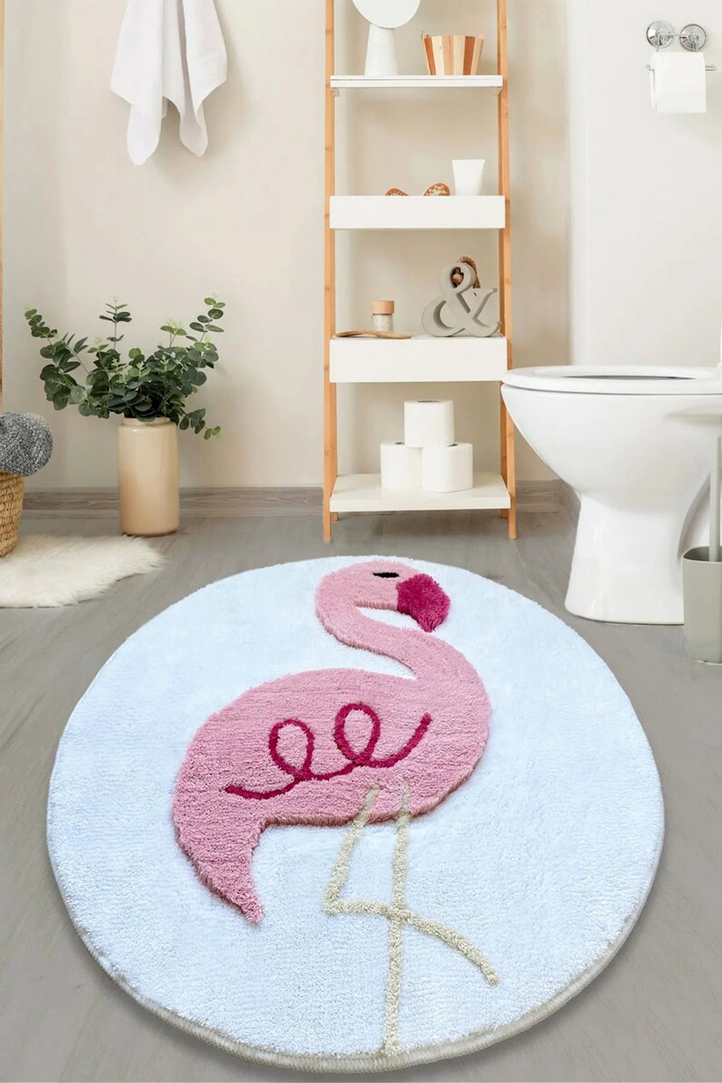 Fluffy Flamingo Bath Rug Set, Flamingo Decor, Round Rug, Bedroom Rug