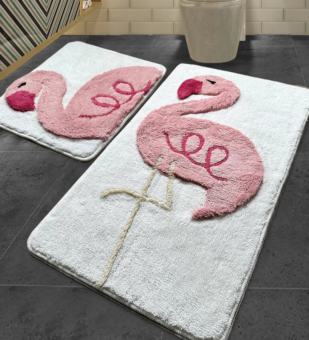 Fluffy Flamingo Bath Rug Set, Flamingo Decor, Round Rug, Bedroom Rug