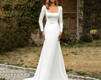 A Modern Country Mermaid Wedding Dress With Belt Square Collar Long Sleeves Backless Elastic Satin Bridal Gown Dresses 2024 Range Handmade