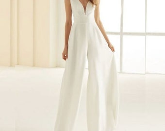 Handmade Elegant Wedding Jumpsuit Simple Wedding Dresses For Women Ivory V Neck Boho Wedding Gown Pants Suit Beach Bridal Gown evening