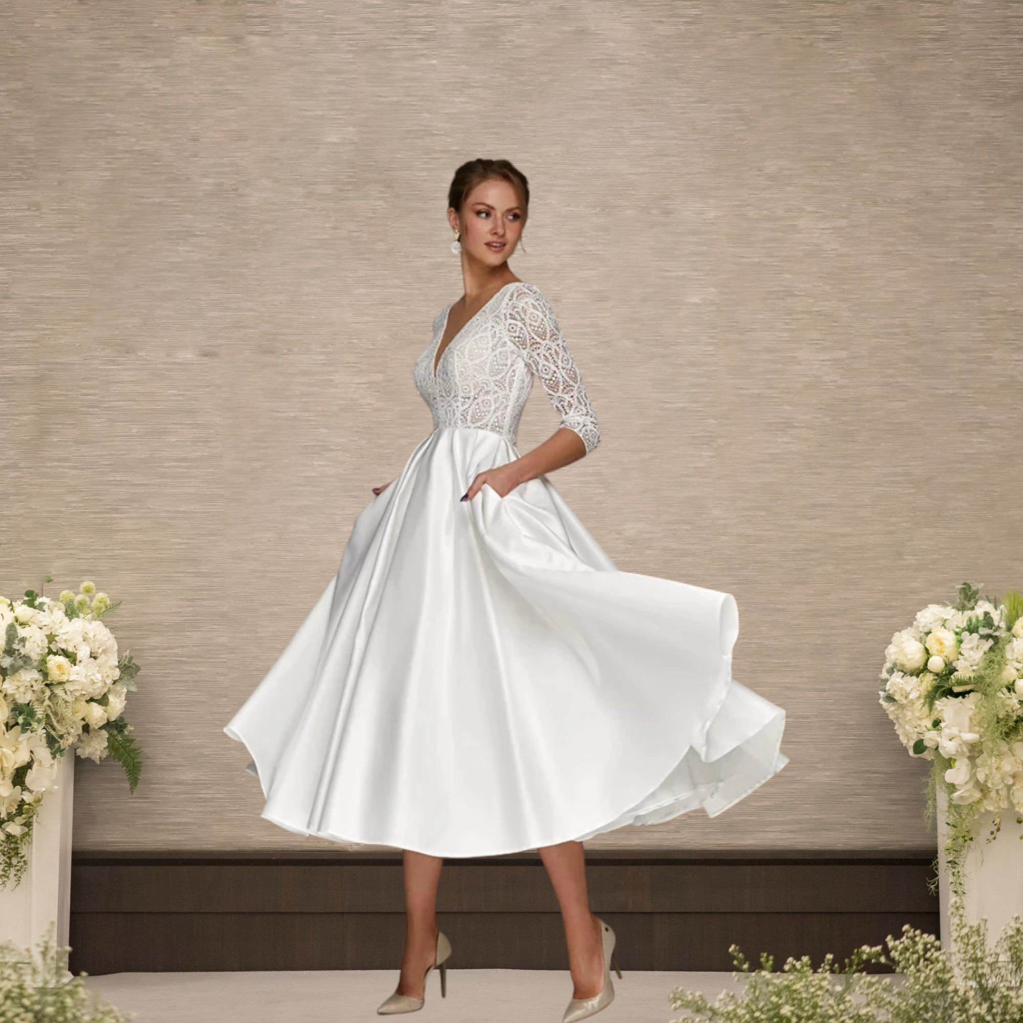 Modern 2023 Short Wedding Dress Lace and Satin V-neck Three Quarter  Tea-length Bride Gowns With Pocket. -  Sweden