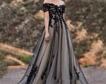 Off The Shoulder Bohemian Black Wedding Dresse For Women Lace Civil Bride Gowns Flower Applique