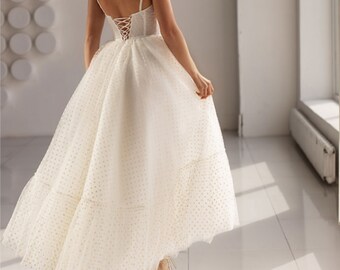 A Short Wedding Dress 2023 A Line Sweetheart Spaghetti Straps Dot Tulle Bridal Gown Lace Up Back Ankle Length