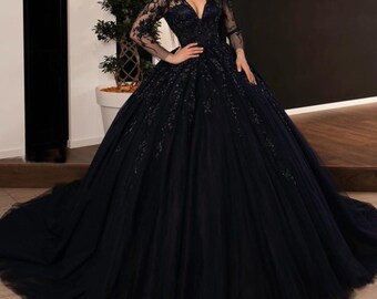 A Stunning 2023 Range Black Ball Gown Black Wedding Dresses Sequin Lace Appliques Bridal Gowns with Long Sleeve Lace-up / Goth