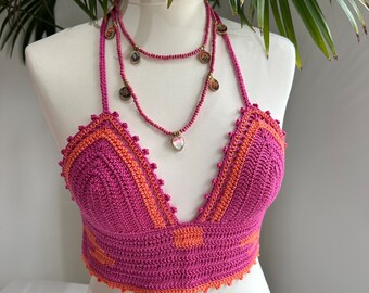 Bright pink and orange longline Crochet Bralette Crop Top with adjustable tie back