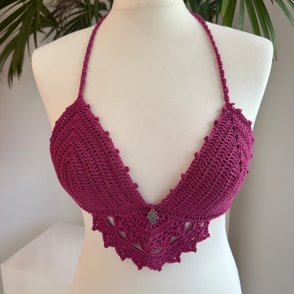 Deep Pink Magenta Mandala Crochet Bralette Crop Top with adjustable tie back, silver charm and bead embellishments