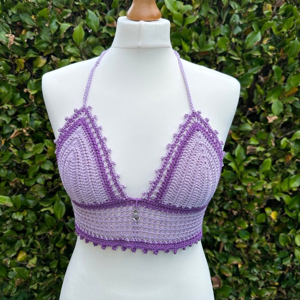 Purple and Lilac Crochet Bralette Crop Top with adjustable tie back and flower charm
