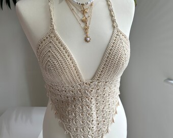 Beige Ecru Longline V shaped Crochet Bralette Crop Top with adjustable tie back and puka shell details