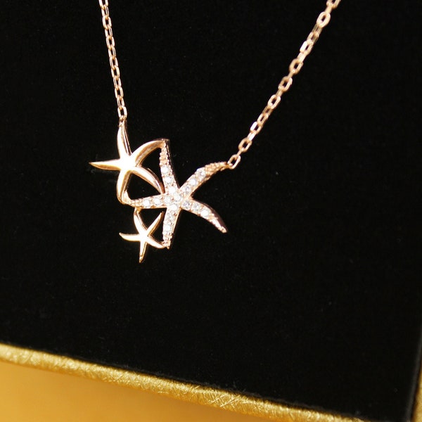 Shiny Starfish Necklace, Sterling Silver Ocean Necklace,Dainty Beach Necklace, Summer Necklace, Gift for Her