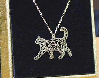 Origami Katze Halskette, Geometrische Katze Halskette in Sterling Silber, Origami Tier Anhänger, Katzenliebhaber Geschenk, Walking Cat Halskette, Gold Cat Charm